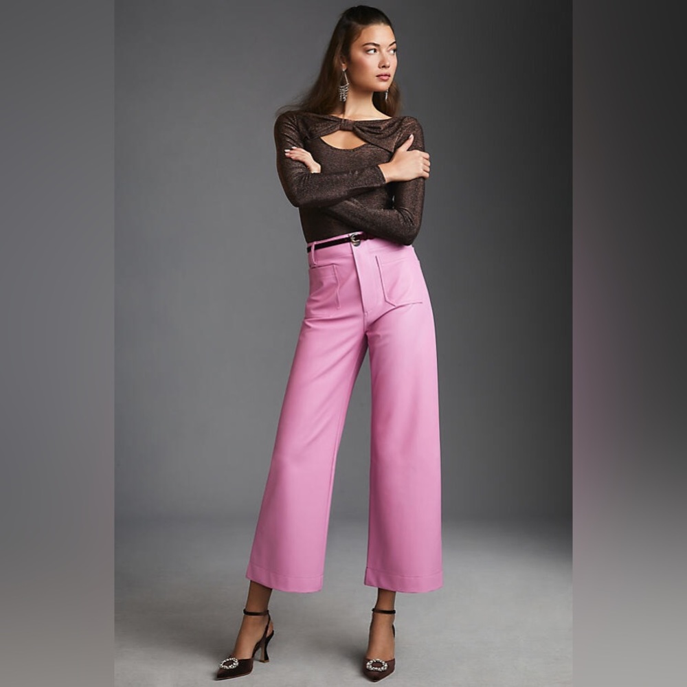 Maeve The Colette Cropped Wide-Leg Pink Faux Leather Pants Size 31